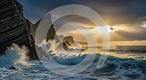 Dramatic Seascape With Cliffs and Fishing Boat at Sunset - Generative Ai