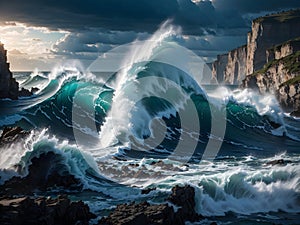 A dramatic seascape with crashing waves against rugged cliffs, the power of the ocean Generated by Ai