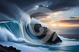 A dramatic seascape with crashing waves, jagged cliffs, and a stormy sky illuminated by lightning