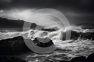 A dramatic seascape with crashing waves and storm clouds, rendered in bold black and white tones.