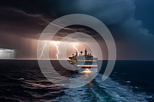 Dramatic seascape with a cruise ship during thunderstorm. Generative AI