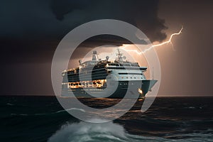 Dramatic seascape with a cruise ship during thunderstorm. Generative AI