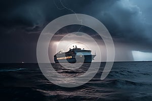 Dramatic seascape with a cruise ship during thunderstorm. Generative AI