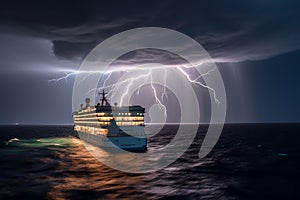 Dramatic seascape with a cruise ship during thunderstorm. Generative AI