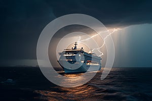 Dramatic seascape with a cruise ship during thunderstorm. Generative AI