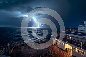 Dramatic seascape with a cruise ship during thunderstorm. Generative AI