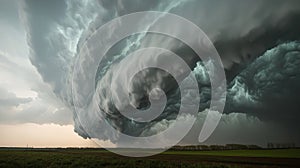 Dramatic shelf cloud over flat agricultural field