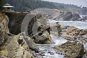 Dramatic shoreline with strange rock formations at Shore Acres State Park, Coos Bay, Oregon