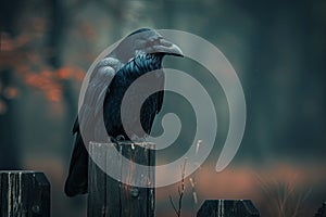 A dramatic shot of a black raven perched on a spooky fencepost