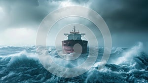 A dramatic shot of a cargo ship navigating through rough seas during