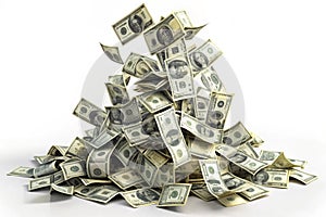 Falling dollars to stack, isolated on white