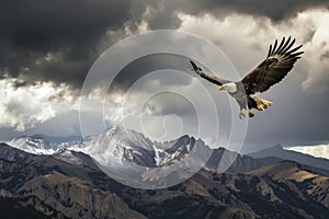 dramatic shot of an eagle ascending with storm clouds over mountains