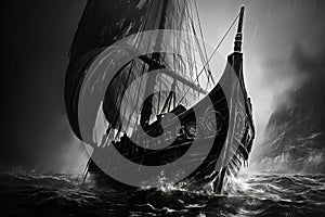 Dramatic shot of a sailing ship with a broken mast, caught in a storm, black and white photo