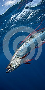 Dramatic side profile of giant oarfish in ocean depths