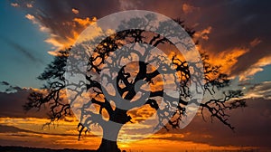 Dramatic Silhouette of Ancient Tree Against Fiery Sunset