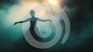 A dramatic silhouette of an elegant dancer in a dark