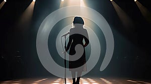 Dramatic Silhouette of a Female Singer on Stage Next To The Microphone Under The Lights - Generative AI