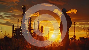 Dramatic silhouette of oilfield worker, industry setting, clear view