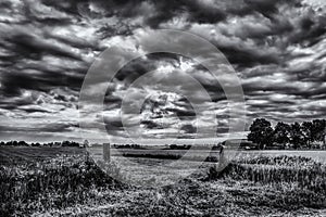 Dramatic sky above a meadow, B&W