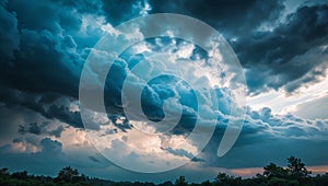 Dramatic sky with approaching storm clouds at sunset over trees