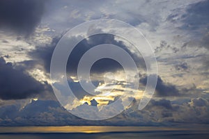 Dramatic sky and cloud over sea sunset background.