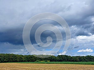 dramatic sky with gray clouds over green forest. Slovenia