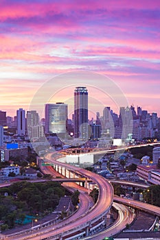 Dramatic sky of Modern city skyline with interchange overpass