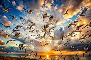Many birds flying on dramatic sky background