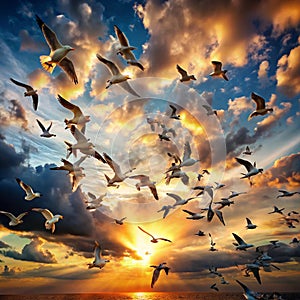 Many birds flying on dramatic sky background