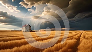 Dramatic sky over an abandoned house in a wheat field, AI Generated
