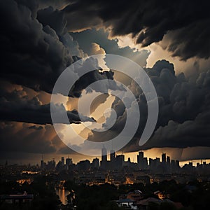 Dramatic sky over the city with dark clouds and sun rays. generative ai