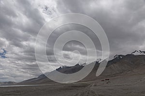 A dramatic sky over the famous shooting point at Pangong Lake