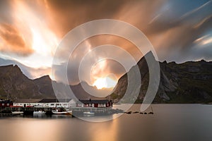 Dramatic sky over the fishing village Hamnoy