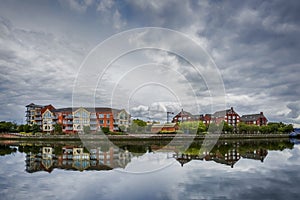 Dramatic sky over modern architecture along river Lagan in Belfast, Northern Ireland