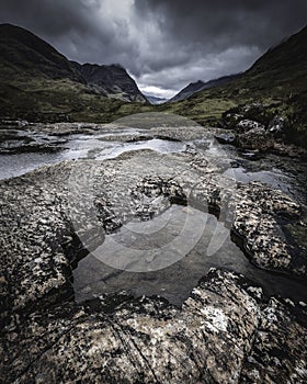 Dramatic sky over mountain valley with stream