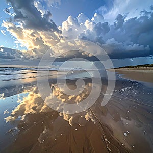 Dramatic Sky Reflection on Wet Beach Sand at Sunset