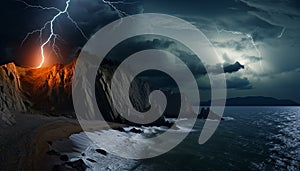 Dramatic sky, storm cloud, thunderstorm, wave crash, coastline, danger generated by AI