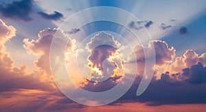 Dramatic Sky with Sun Rays Bursting Through the Clouds at Sunset, AI Generated