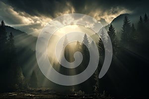 Sunrays piercing through clouds over forest.