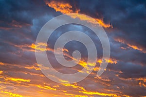 Dramatic sky at sunset with fire and storm cloudscape, Miami, Florida, USA