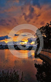 Dramatic sky with sunset over the old town in Schwerin. Mecklenburg-Vorpommern, Pomerania, Germany