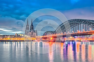Dramatic skyline by Rhine River in Cologne, Germany