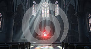 Dramatic interior view of a gothic church bathed in light rays