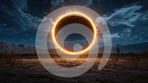 Dramatic solar eclipse in the desert landscape