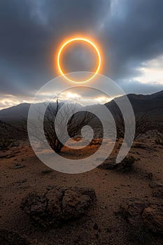 Dramatic solar eclipse in desert landscape