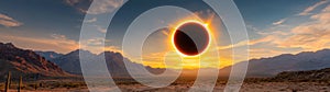 Dramatic solar eclipse over desert landscape