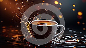 Dramatic splash of coffee in a cup against dark background