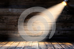 Dramatic Spotlight on Rustic Wooden Wall and Floor Background