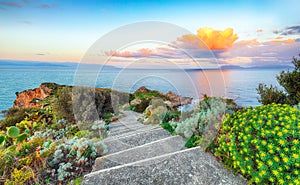 Dramatic spring sunrise on the the cape Milazzo panorama of nature reserve Piscina di Vener