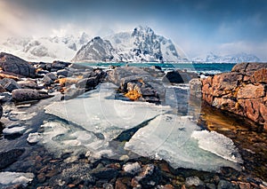 Dramatic spring view of Lofoten Islands. Melting snow on Flakstadpollen fjord